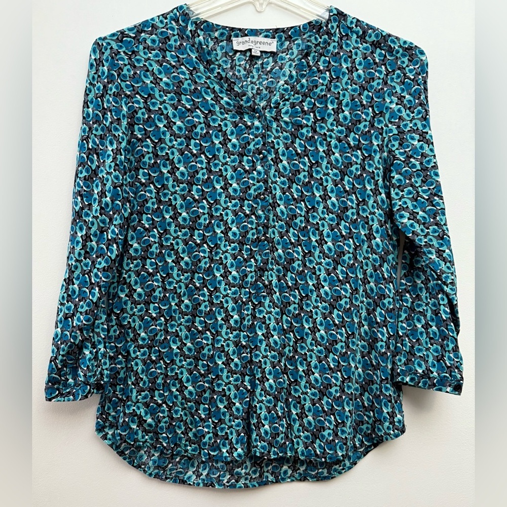 Grand & Greene Brand in Blue Aqua Black 3/4 Sleeve Blouse